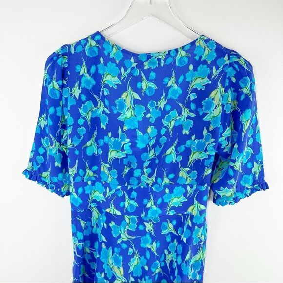 RIXO  Lilita Cobalt Blue Floral‎ Print Silk Mini Dress short Sleeve Sz 6 - Picture 8 of 13